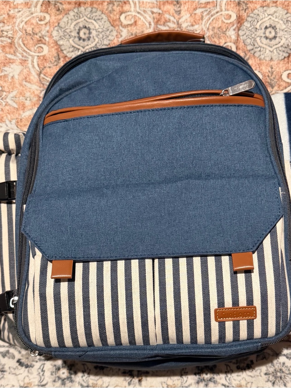 Sunflora blue and white striped picnic backpack. - Picture 3 of 11